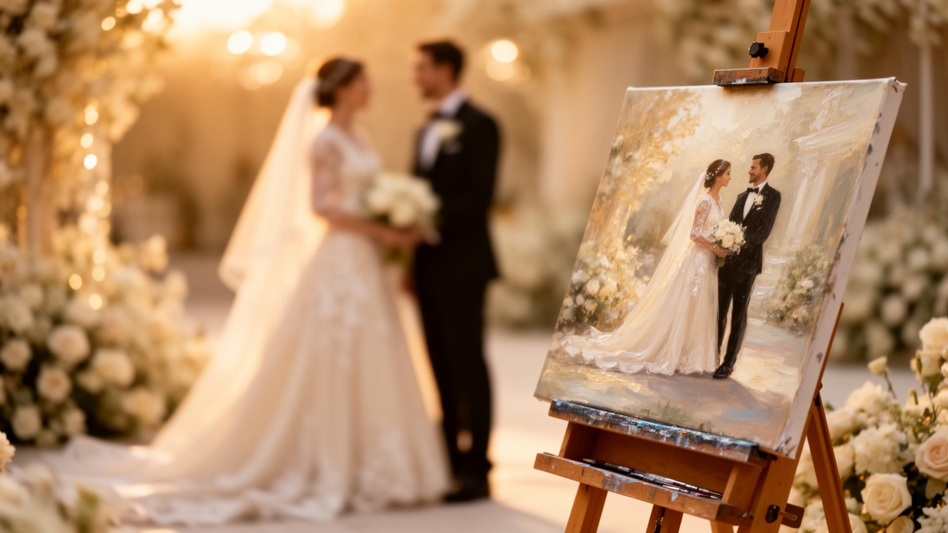 Live wedding painting at golden hour