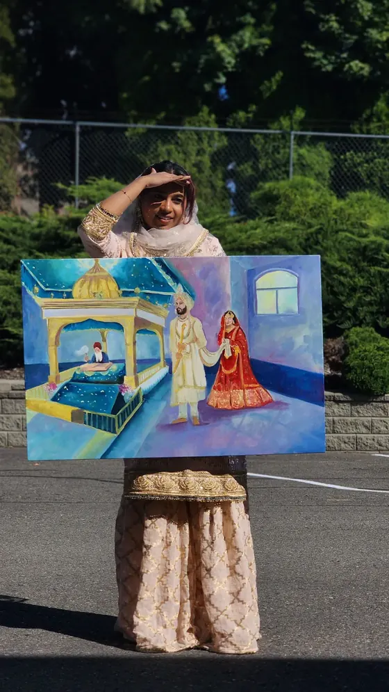 Wedding ceremony in blue and gold, painted live on canvas