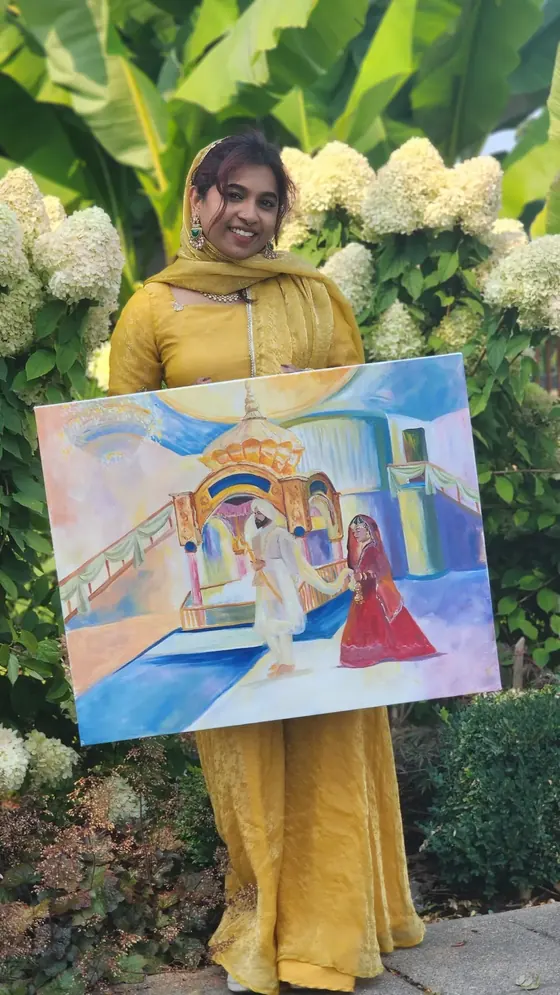 Wedding ceremony in soft light, hand-painted on canvas