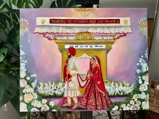 Painting of a bride and groom in red and ivory walking beneath a golden ceremony canopy