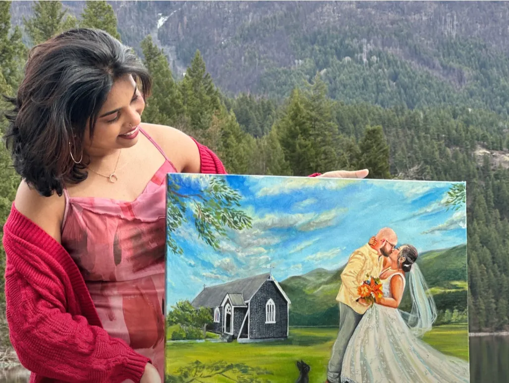 Finished live wedding painting on canvas by Kamloops artist Arthana